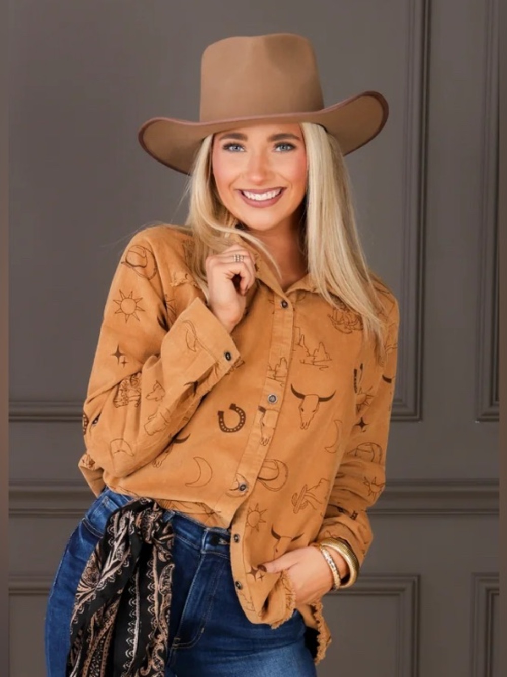 Umgee Corduroy Desert Sun Camel Long Sleeve Raw Hem Western Print Shirt Size M